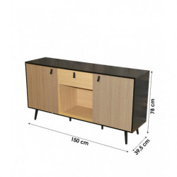 Buffet CHELSEA décoré avec poignées effet cuir - Bois clair et noir - 150 x 40 x H 78 cm