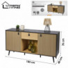 Buffet CHELSEA décoré avec poignées effet cuir - Bois clair et noir - 150 x 40 x H 78 cm