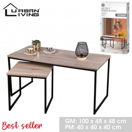 Set de 2 tables basses COLORADO - Noir mat et chêne clair - Bois et métal - 100 x 48 x P 48 cm / 40 X 40 X p 40 cm