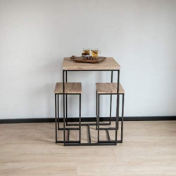 Ensemble table haute et 2 tabourets de bar - Noir et chêne - Bois et métal - Table 60 x 60 x H 88 cm