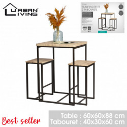 Ensemble table haute et 2 tabourets de bar - Noir et chêne - Bois et métal - Table 60 x 60 x H 88 cm