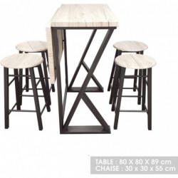 Ensemble table haute pliante et 4 tabourets - Noir mat et chêne - Bois et métal - Table L 80 x H 89 x P 40-80 cm