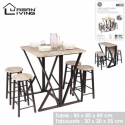 Ensemble table haute pliante et 4 tabourets - Noir mat et chêne - Bois et métal - Table L 80 x H 89 x P 40-80 cm
