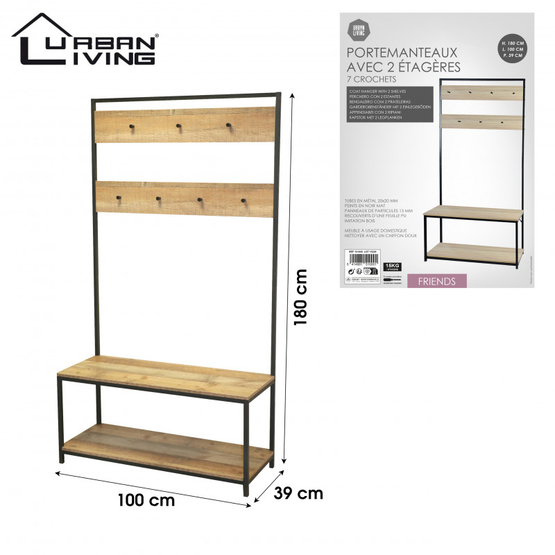 Meuble porte manteaux 2 étagères, 7 crochets - Bois et Noir - Bois et métal - 100 x 39 x H 180 cm