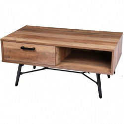 Table basse 1 tiroir HAMPTON - Noir et bois foncé - Métal et bois - 110 x 59.5 x H 49 cm