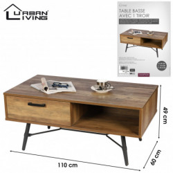 Table basse 1 tiroir HAMPTON - Noir et bois foncé - Métal et bois - 110 x 59.5 x H 49 cm
