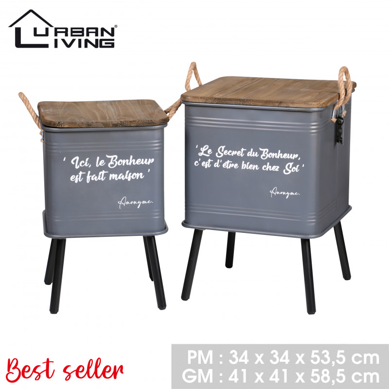 Set de 2 tables d'appoint LOFT & METAL - 2 tailles - Gris et bois - Métal et bois - 34 x 34 x H 53.5 cm - 41x 41 x H 58.5 cm