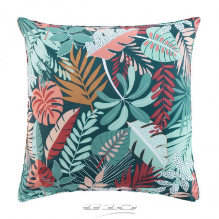 Coussin décoratif imprimé tropical 60 x 60 cm - Finition passepoil - Bleu