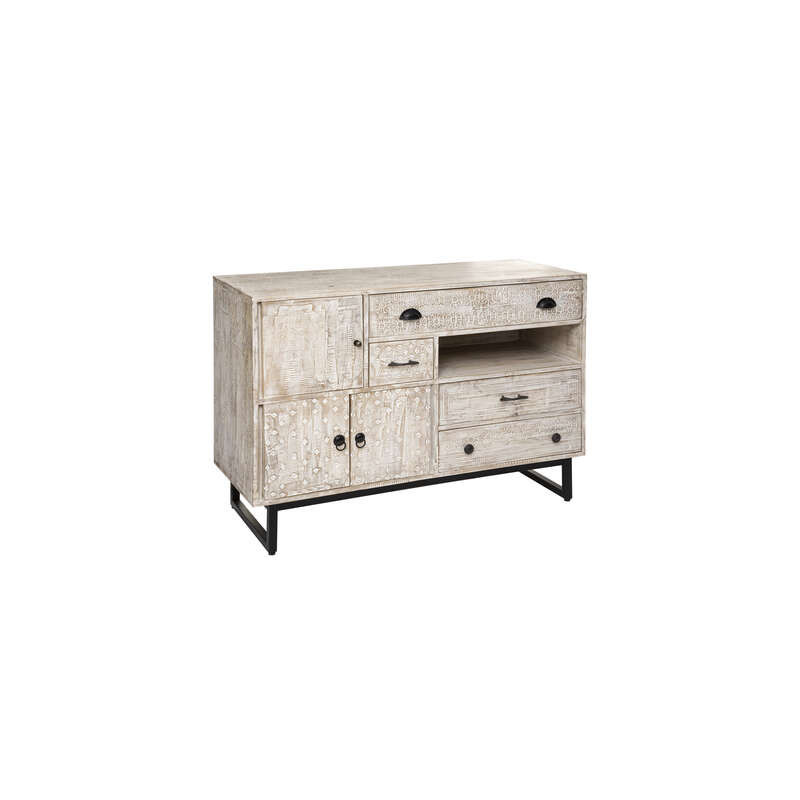 Meuble buffet 3 portes 4 tiroirs en bois Ajay - Beige - L. 115 x P. 40 x H. 81 cm