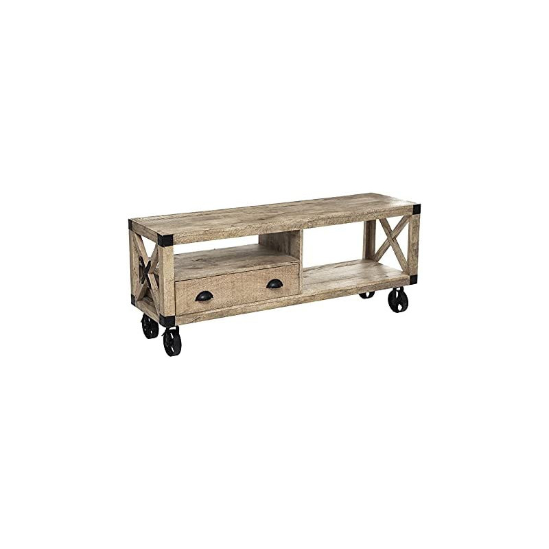 Meuble TV en bois et métal - Beige - L 140 x P 40 x H 58 cm