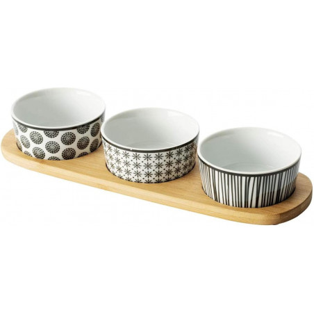 Set apéritif avec plateau en bambou + 3 coupelles Bohemia - L 29,8 cm