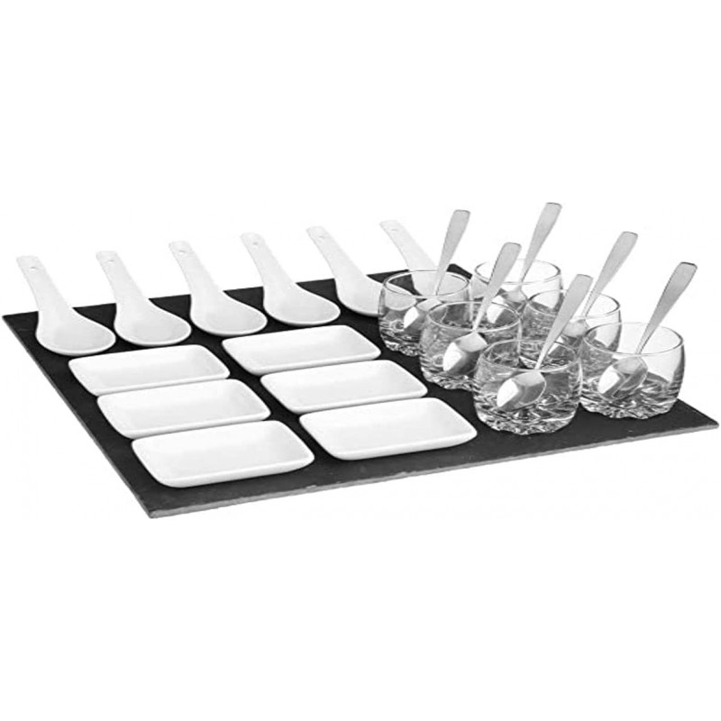 Set apéritif 25 pièces avec plateau, en ardoise, verrines, coupelles cuillères, coupelles et cuillères inox- Noir - L 30 cm