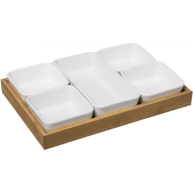 Set apéritif avec plateau en bambou + 5 coupelles porcelaine - Blanc - L 28 cm