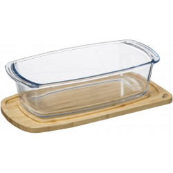 Plat à cake en verre avec couvercle en bambou - Capacité 1.8L - L 29 x P 16 x H 7,9 cm