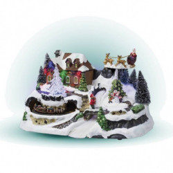 Village de noël animé avec train et traîneau - Multicolore - L 23,8 x H. 16,1 cm