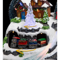 Village de noël animé avec train et traîneau - Multicolore - L 23,8 x H. 16,1 cm