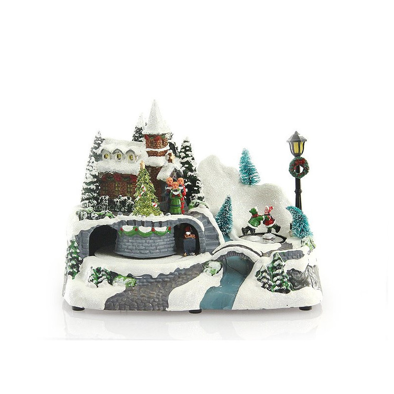 Village de noël animé avec traîneau et Père Noël - Multicolore - L 23,8 x H. 16,1 cm
