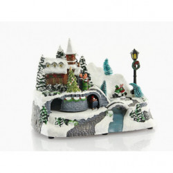 Village de noël animé avec traîneau et Père Noël - Multicolore - L 23,8 x H. 16,1 cm