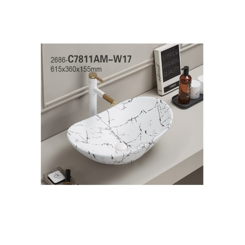 Vasque à poser en céramique blanche marbrée - L 61 x 36 cm - Gamme Lena