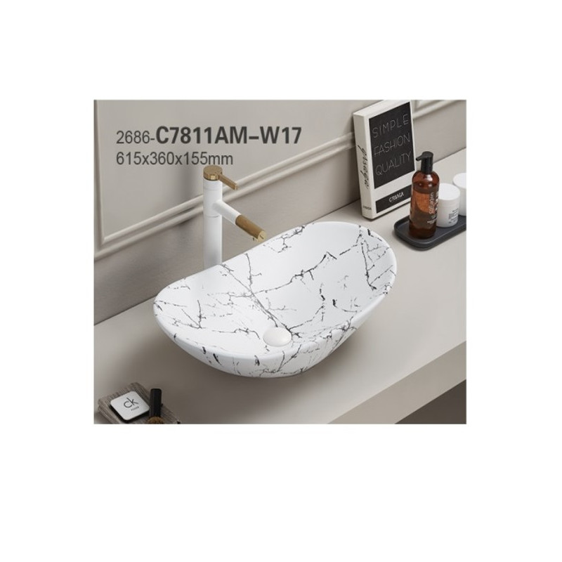 Vasque à poser en céramique blanche marbrée - L 61 x 36 cm - Gamme Lena
