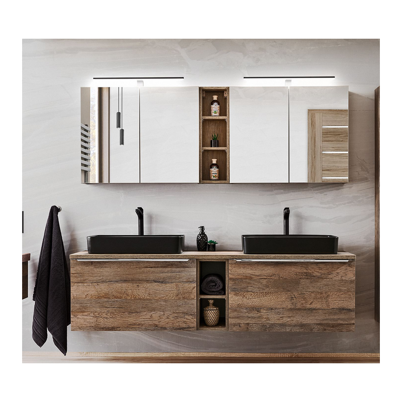 Ensemble meubles salle de bain double vasques 180 cm + 5 éléments - Rosario Oak