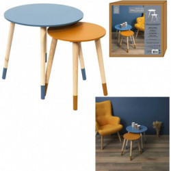 Set de 2 tables gigognes rondes en bambou - Jaune et Bleu - D 43/33 x H 48/40 cm