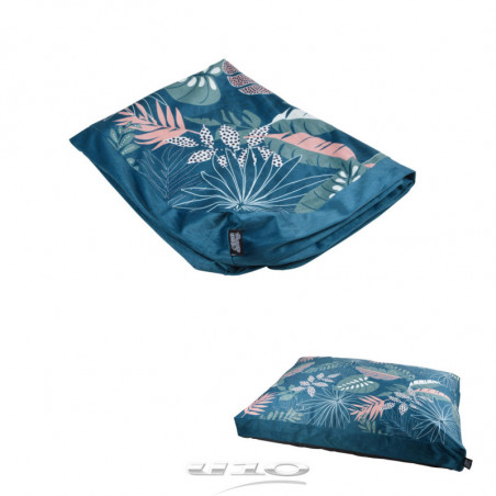 Housse coussin pour animaux rectangle à motif végétal coloré - Bords en velours - Bleu - L 100 x l 70 cm