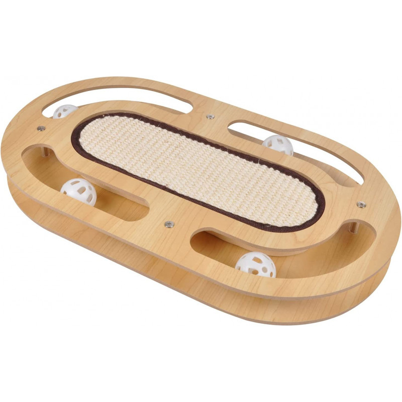 Jeu intéractif pour chat avec griffoir et tunnel en bois - Beige - L 45 x l 25 x H 4 cm