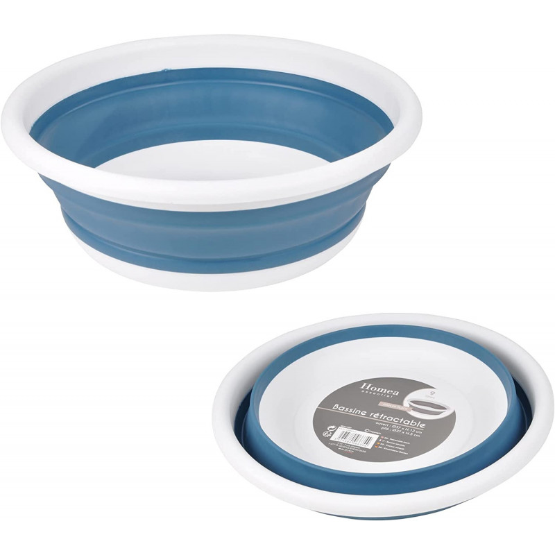 Bassine rétractable en plastique et silicone - 9L - Blanc et bleu - D 37 x H 13 cm