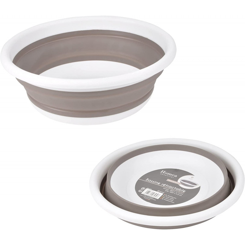 Bassine rétractable en plastique et silicone - 9L - Blanc et taupe - D 37 x H 13 cm