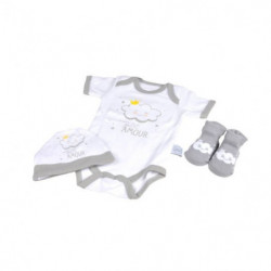 Lot body + bonnet + chaussettes 100% coton pour bébés - Naissance - Blanc et gris