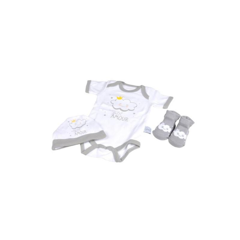 Lot body + bonnet + chaussettes 100% coton pour bébés - Naissance - Blanc et gris