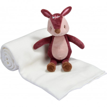 Peluche doudou faon avec son plaid en tissu tout doux - Blanc et marron - L 100 x l 80 cm - Gamme Forêt magique