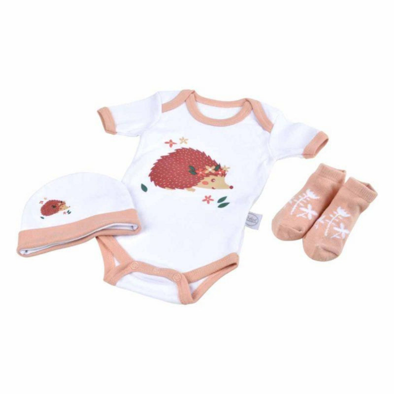 Lot body + bonnet + chaussettes à motif hérisson 100% coton pour bébés - Naissance - Blanc et beige - Gamme Forêt Magique