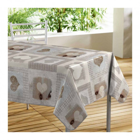 Nappe rectangulaire en toile cirée avec motif coeur - Beige - 140 x 300 cm