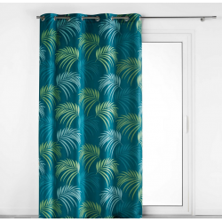 Ensemble rideau + coussin assorti motif végétal en tissu - Vert et Bleu - 140 x 260 cm