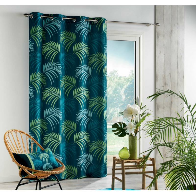 Ensemble rideau + coussin assorti motif végétal en tissu - Vert et Bleu - 140 x 260 cm