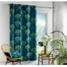 Ensemble rideau + coussin assorti motif végétal en tissu - Vert et Bleu - 140 x 260 cm