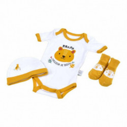 Lot body + bonnet + chaussettes à motif léopard 100% coton pour bébés - Naissance - Blanc et jaune - Gamme Savane
