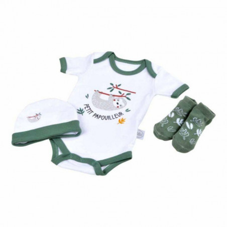 Lot body + bonnet + chaussettes à motif paresseux 100% coton pour bébés - Naissance - Blanc et vert - Gamme Savane