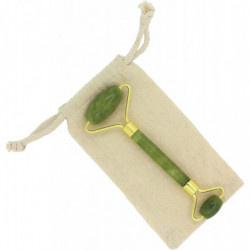 Masseur pour visage en pierre de Jade + housse de protection en lin - Vert - L 14 x l 5 cm