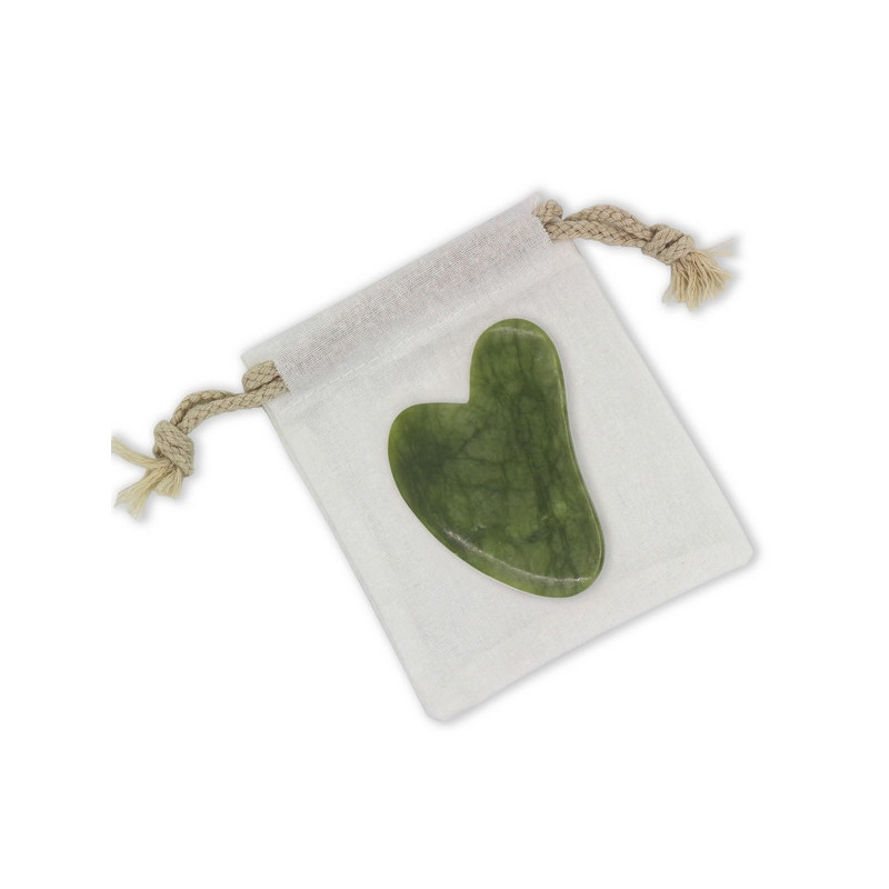 Guasha en pierre de jade pour le soin du visage avec housse - Vert - L 8 cm