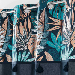 Rideau à 8 oeillets avec motifs feuilles et uni 100% coton - Multicolore - 140 x 240 cm