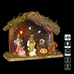 Créche de Noël avec 7 santons et LED - Multicolore - H 13,5 x L 18 cm
