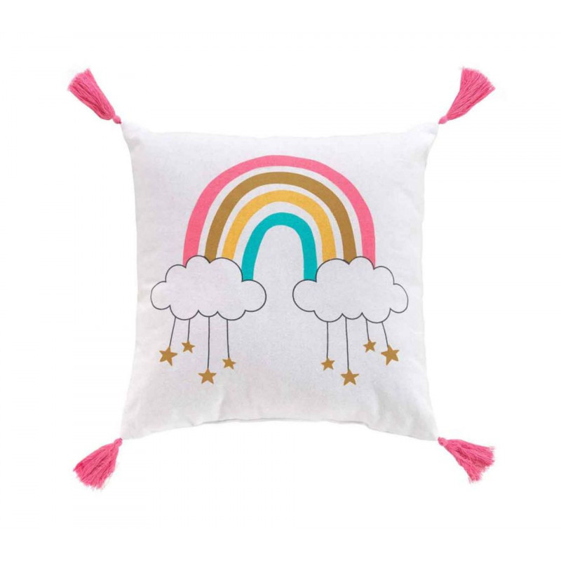 Coussin déhoussable en coton avec imprimé Arc en ciel et ponpons - Blanc et Rose - 40 x 40 cm