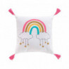 Coussin déhoussable en coton avec imprimé Arc en ciel et ponpons - Blanc et Rose - 40 x 40 cm