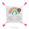 Coussin déhoussable en coton avec imprimé Arc en ciel et ponpons - Blanc et Rose - 40 x 40 cm