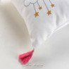 Coussin déhoussable en coton avec imprimé Arc en ciel et ponpons - Blanc et Rose - 40 x 40 cm