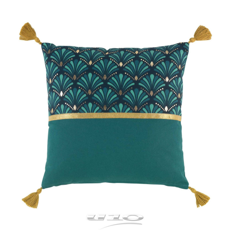 Coussin déhoussable en coton avec pompons et imprimé éventails Artchic - Bleu - 40 x 40 cm