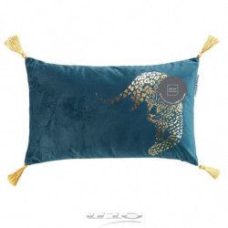 Coussin déhoussable en velours avec pompons et imprimé jaguar metallisé Baguera - Bleu - 30 x 50 cm